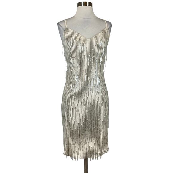 Calvin Klein Women's Cocktail Dress Size 4 Silver Sequined Fringe Midi Sheath - Picture 1 of 13